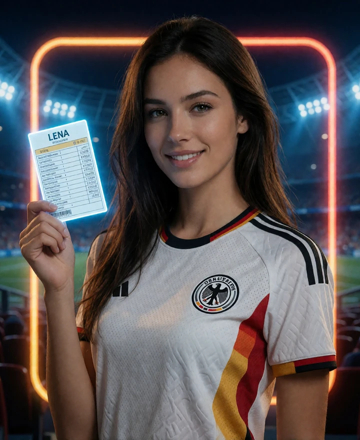 30bet Sportwetten Model mit leuchtendem Wettschein vor Stadion-Neon - Sportwetten Bonus