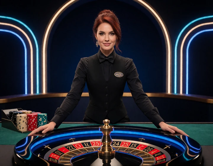 Live Dealerin an neon-beleuchtetem Roulette-Tisch - Live Roulette im 30bet Live Casino