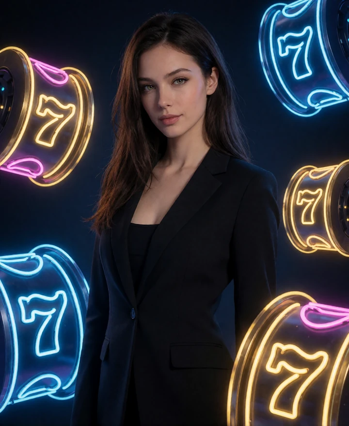 30bet Casino Model in Gaming-Lounge mit leuchtenden Neon-Slot-Walzen - 5000 Slots und Live Roulette