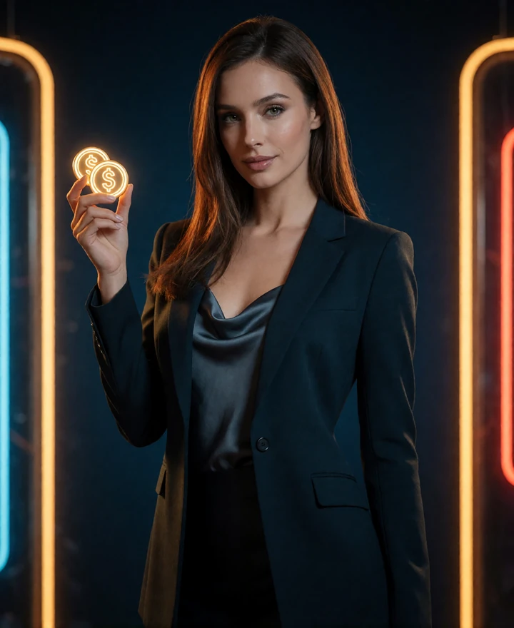 30bet Casino Model h&auml;lt leuchtende Neon-M&uuml;nzen - Bonus-Regen im Online Casino Echtgeld