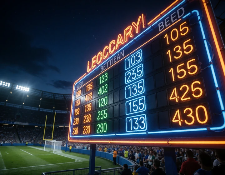 Neon-Quotenboard &uuml;ber Stadion bei D&auml;mmerung - Live-Wetten bei 30bet Sportwetten